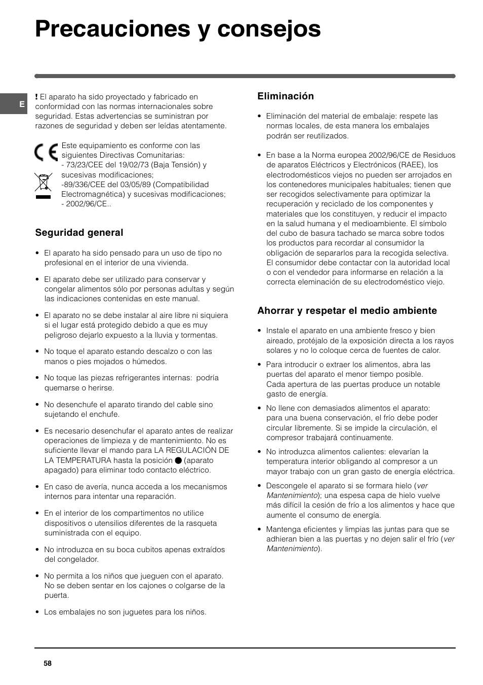 Precauciones y consejos | Indesit BAAN 12 User Manual | Page 58 / 72