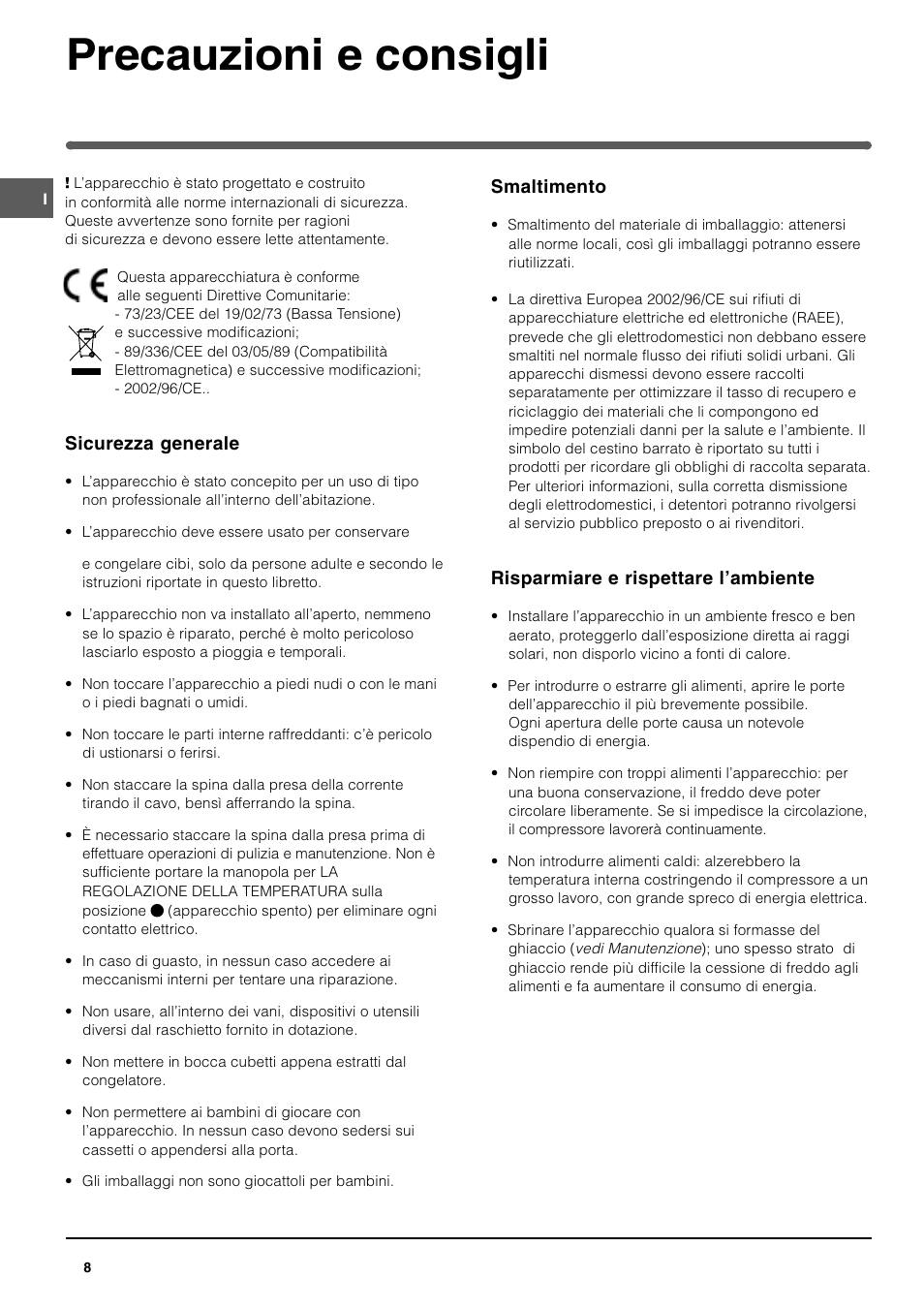 Precauzioni e consigli | Indesit BAAN 12 User Manual | Page 8 / 72