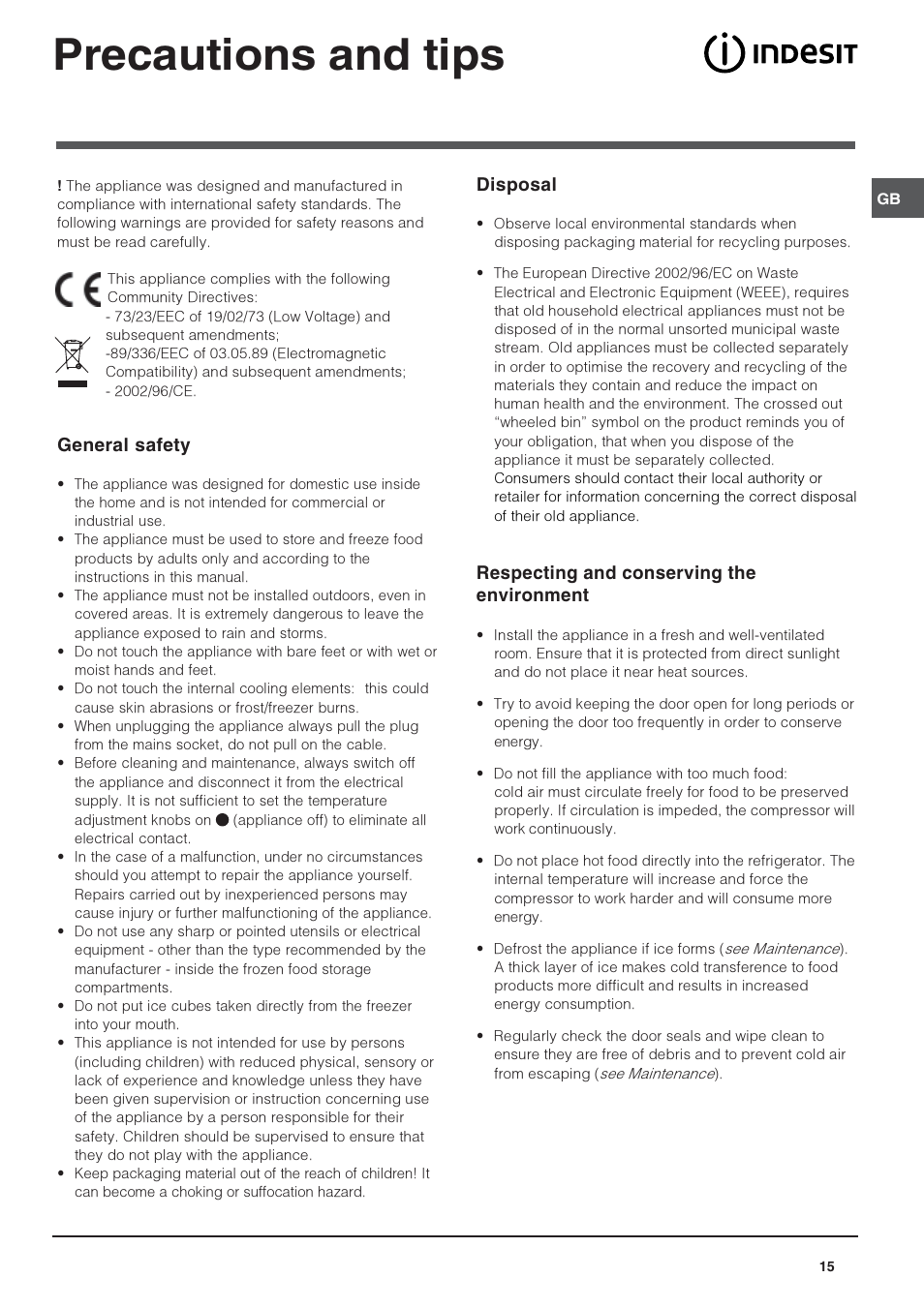 Precautions and tips, General safety, Disposal | Respecting and conserving the environment | Indesit BAAAN 10 User Manual | Page 15 / 64