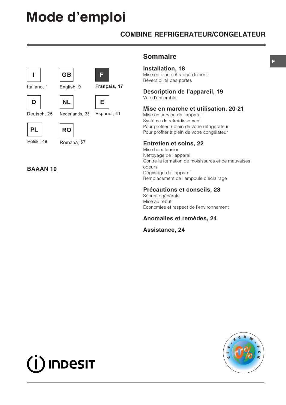 Mode demploi, Combine refrigerateur/congelateur sommaire | Indesit BAAAN 10 User Manual | Page 17 / 64