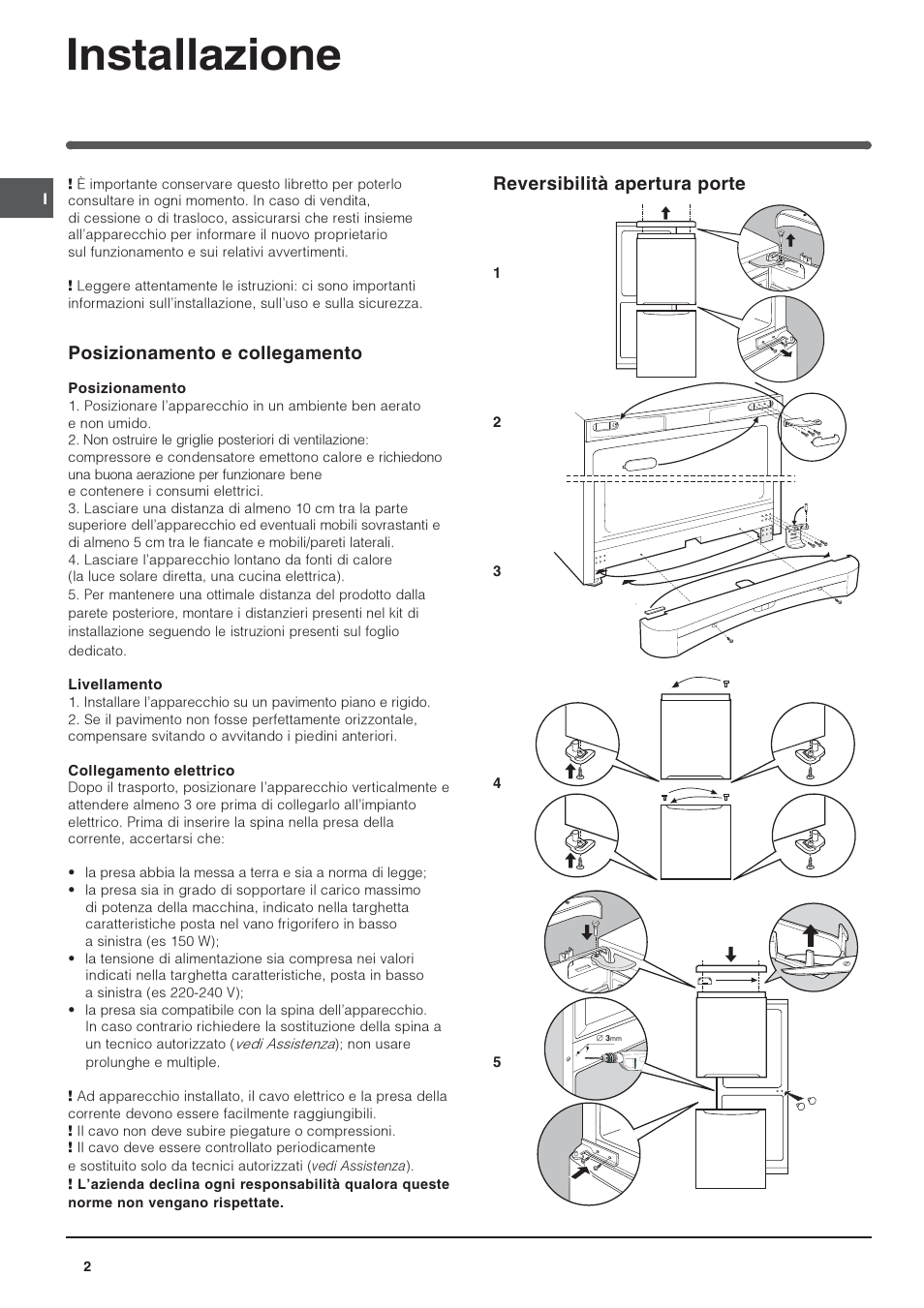 Installazione, Reversibilità apertura porte, Posizionamento e collegamento | Indesit BAAAN 10 User Manual | Page 2 / 64