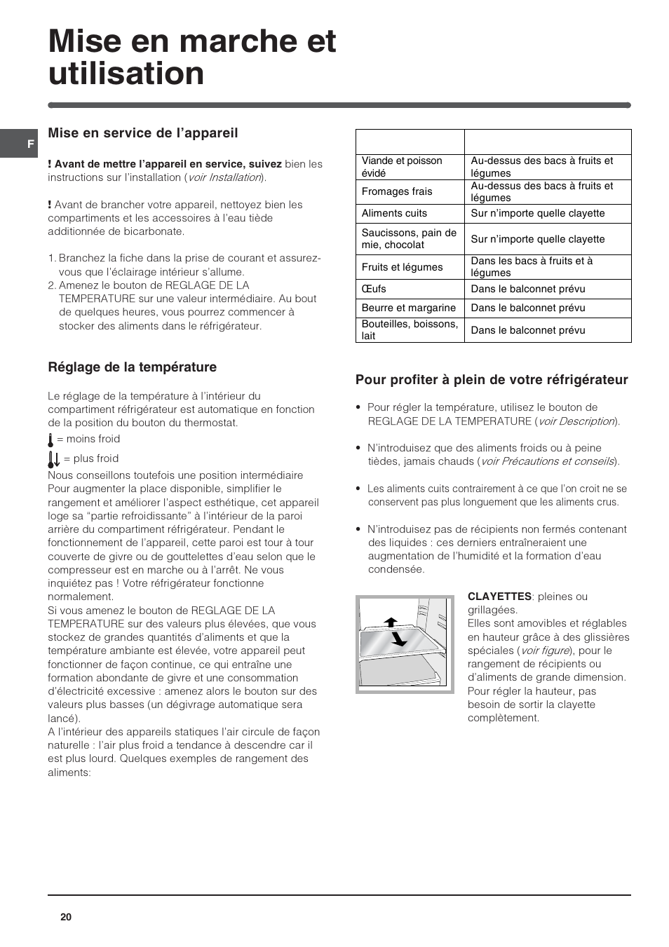 Mise en marche et utilisation, Mise en service de lappareil, Réglage de la température | Pour profiter à plein de votre réfrigérateur | Indesit BAAAN 10 User Manual | Page 20 / 64