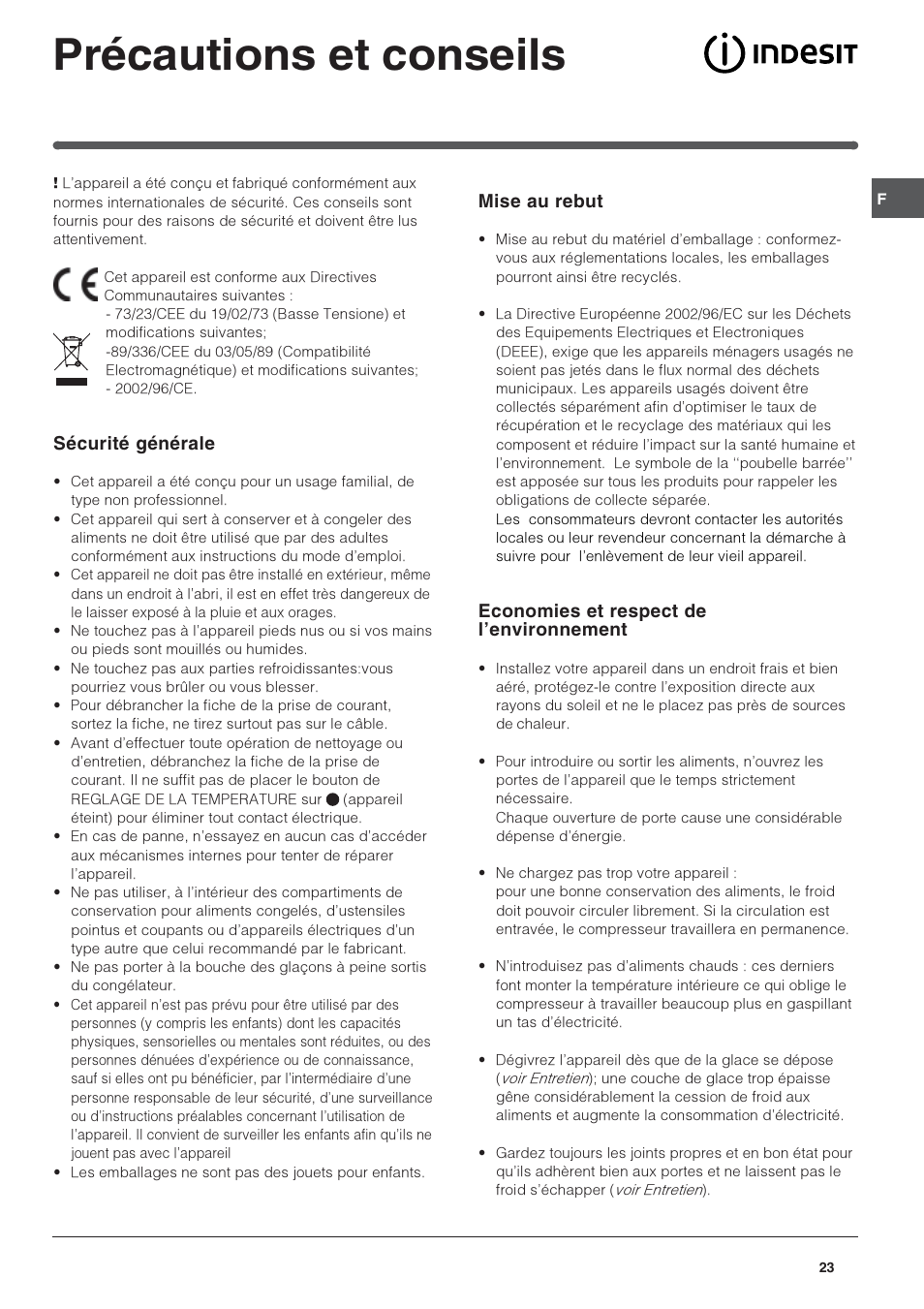 Précautions et conseils, Sécurité générale, Mise au rebut | Economies et respect de lenvironnement | Indesit BAAAN 10 User Manual | Page 23 / 64