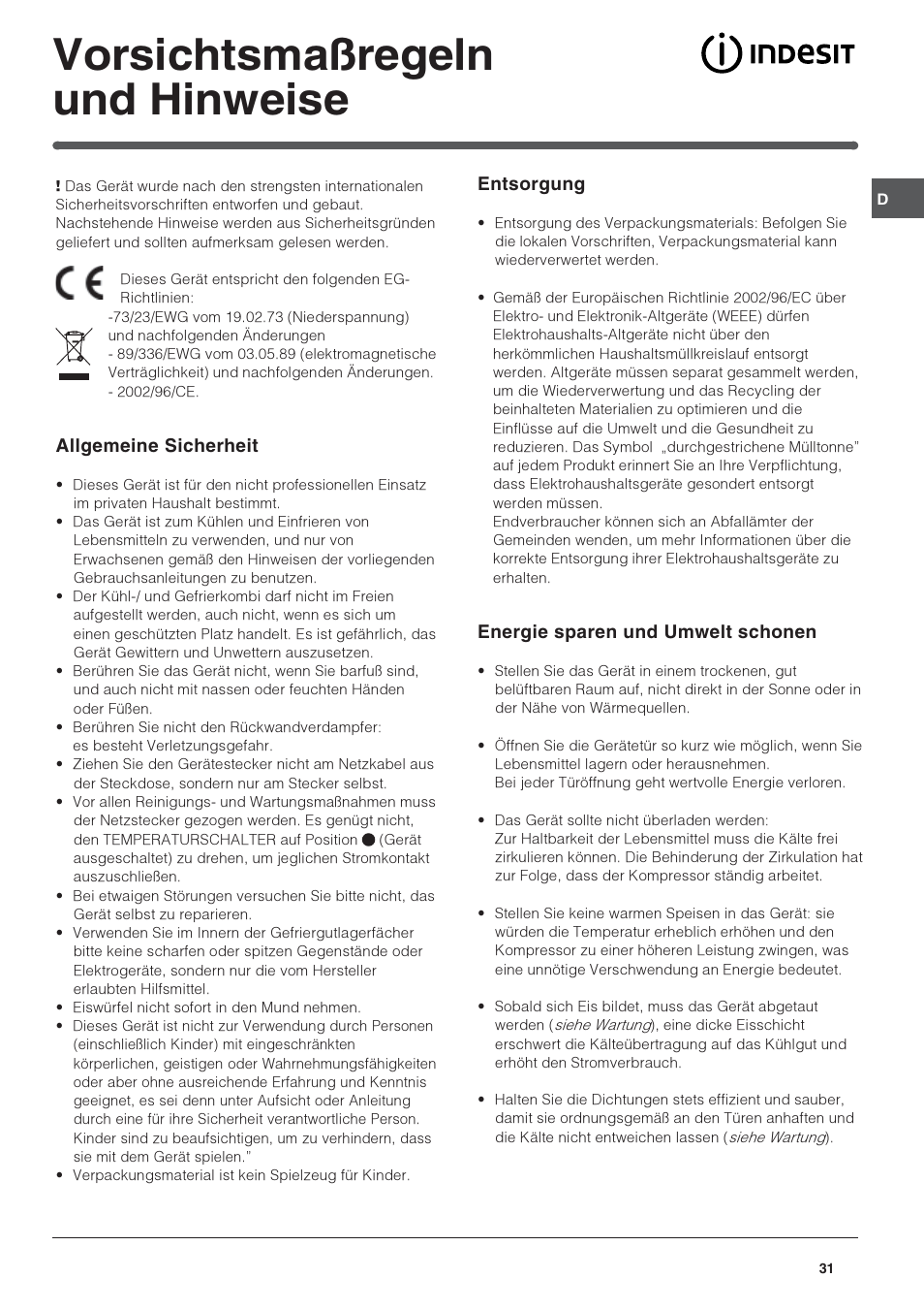 Vorsichtsmaßregeln und hinweise | Indesit BAAAN 10 User Manual | Page 31 / 64