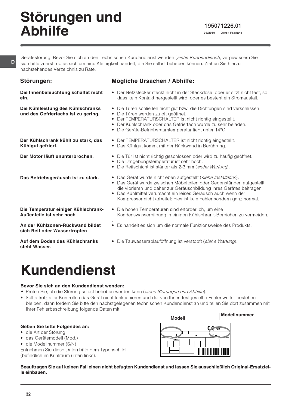 Kundendienst, Störungen und abhilfe, Störungen | Mögliche ursachen / abhilfe | Indesit BAAAN 10 User Manual | Page 32 / 64