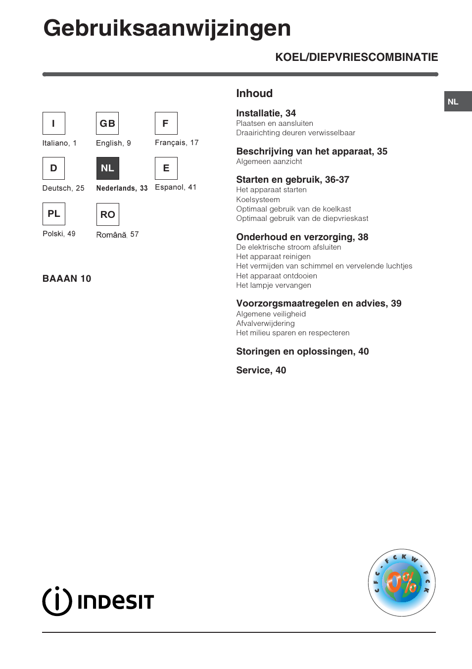 Gebruiksaanwijzingen, Koel/diepvriescombinatie inhoud | Indesit BAAAN 10 User Manual | Page 33 / 64