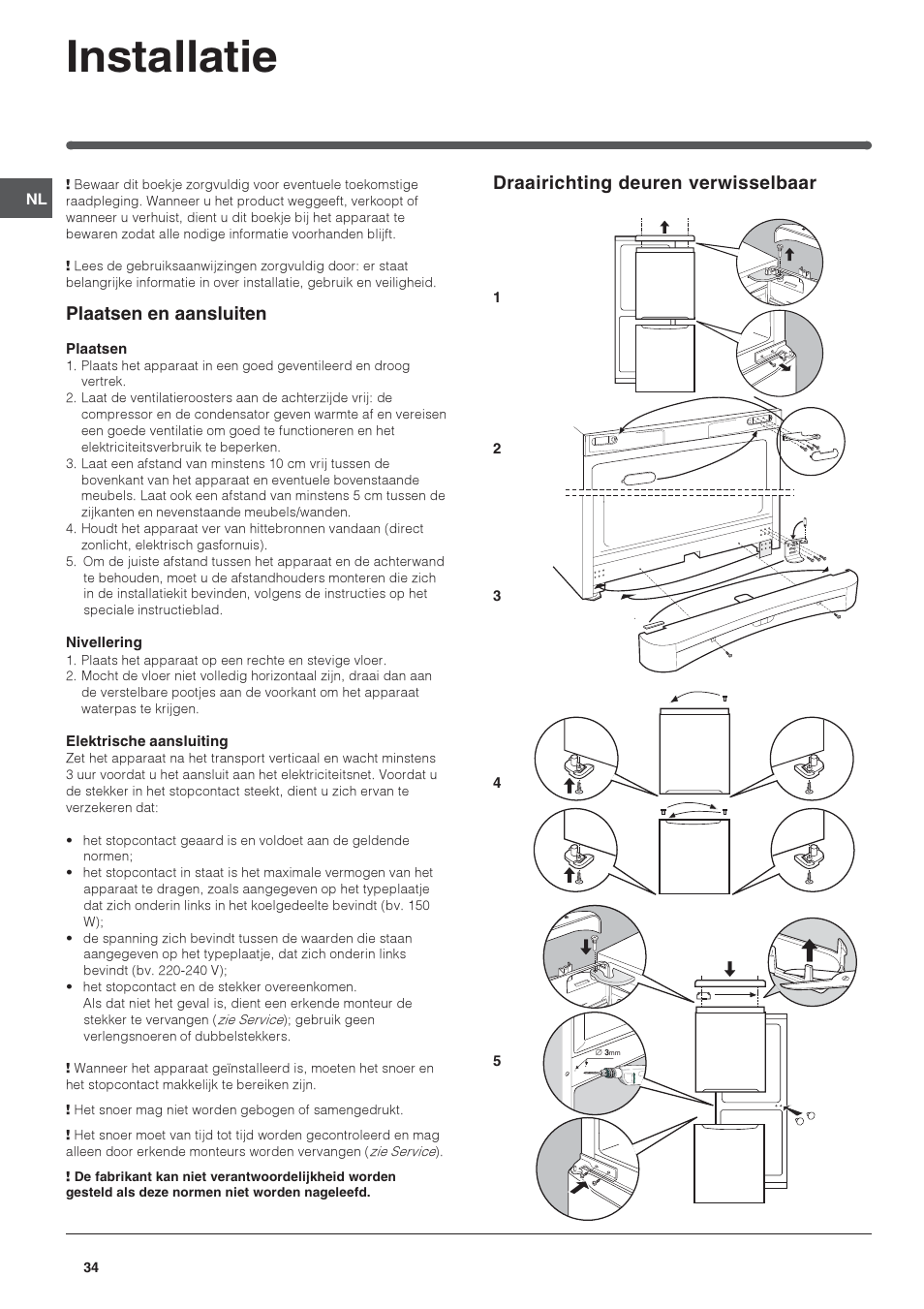 Installatie, Draairichting deuren verwisselbaar, Plaatsen en aansluiten | Indesit BAAAN 10 User Manual | Page 34 / 64