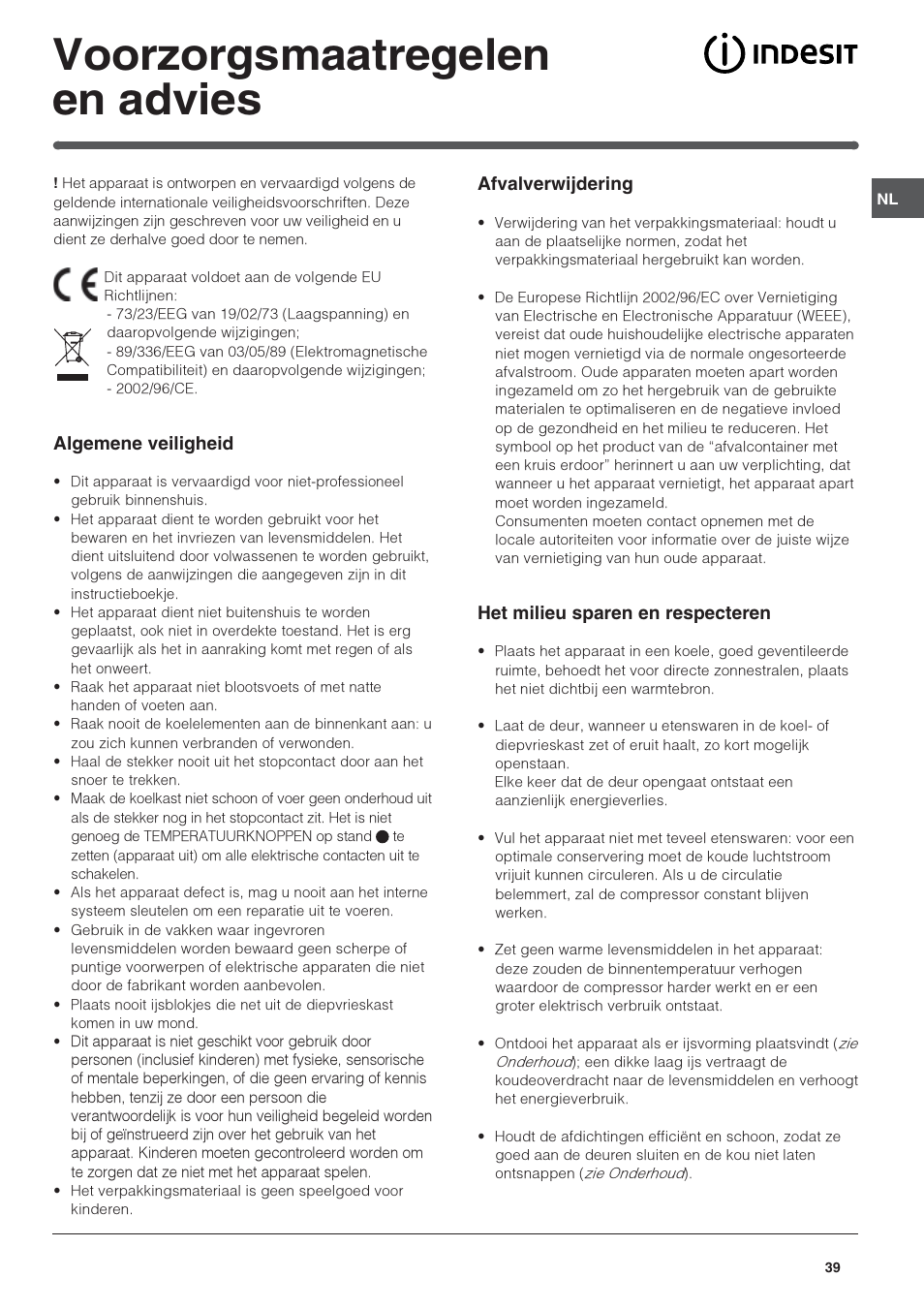 Voorzorgsmaatregelen en advies | Indesit BAAAN 10 User Manual | Page 39 / 64