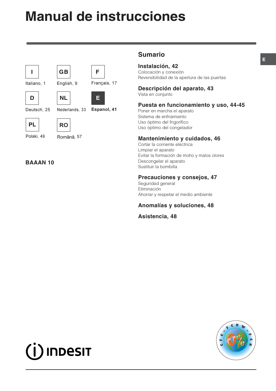 Manual de instrucciones, Combinado refrigerador/congelador sumario | Indesit BAAAN 10 User Manual | Page 41 / 64