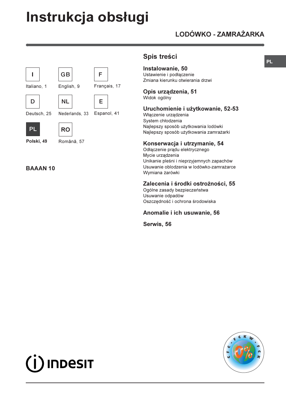 Instrukcja obs³ugi, Lodówko - zamra¯arka spis treci | Indesit BAAAN 10 User Manual | Page 49 / 64