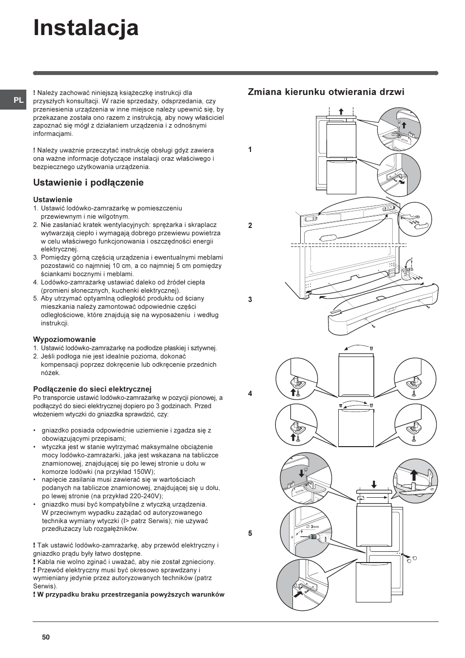 Instalacja, Ustawienie i pod³¹czenie, Zmiana kierunku otwierania drzwi | Indesit BAAAN 10 User Manual | Page 50 / 64