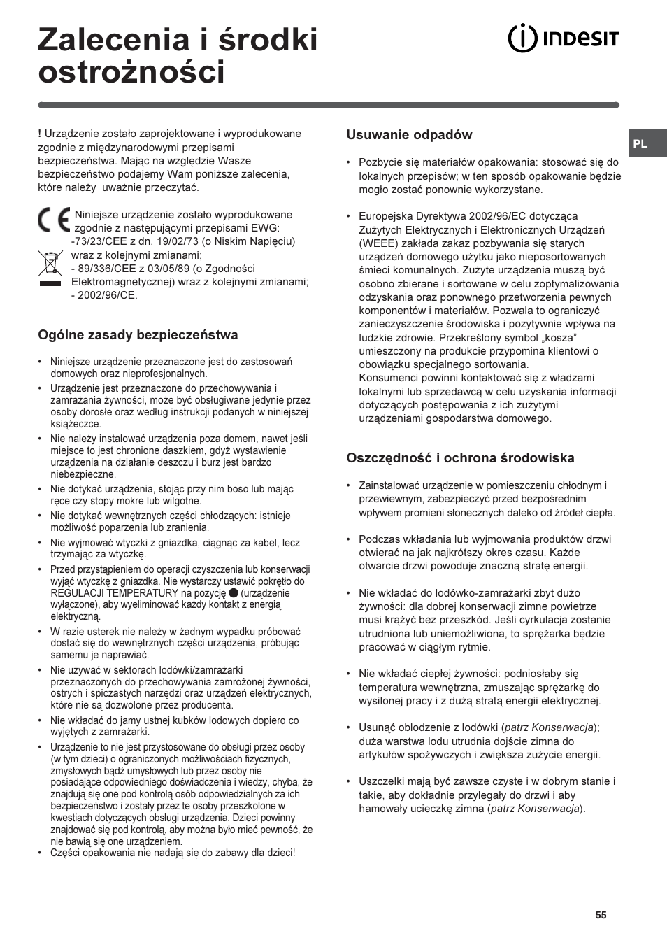 Zalecenia i rodki ostro¿noci | Indesit BAAAN 10 User Manual | Page 55 / 64