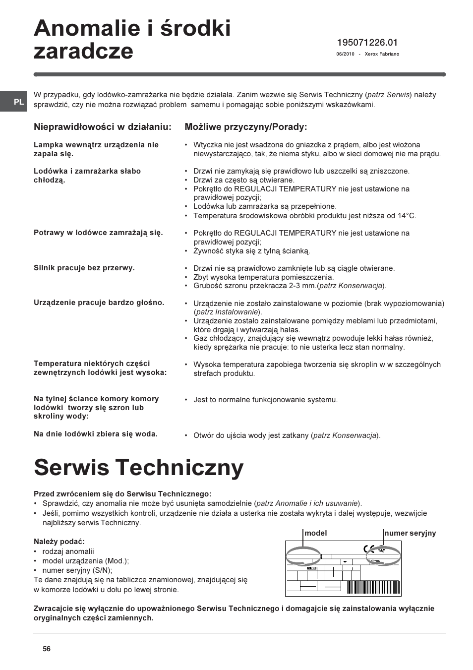 Serwis techniczny, Anomalie i rodki zaradcze, Mo¿liwe przyczyny/porady | Nieprawid³owoci w dzia³aniu | Indesit BAAAN 10 User Manual | Page 56 / 64