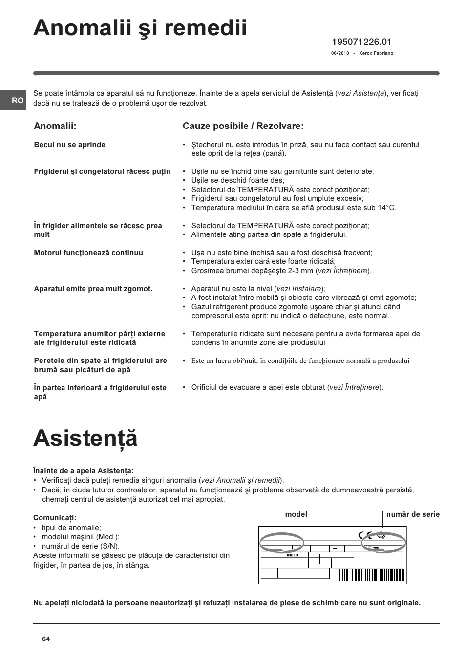 Asistenþã, Anomalii ºi remedii, Cauze posibile / rezolvare | Anomalii | Indesit BAAAN 10 User Manual | Page 64 / 64