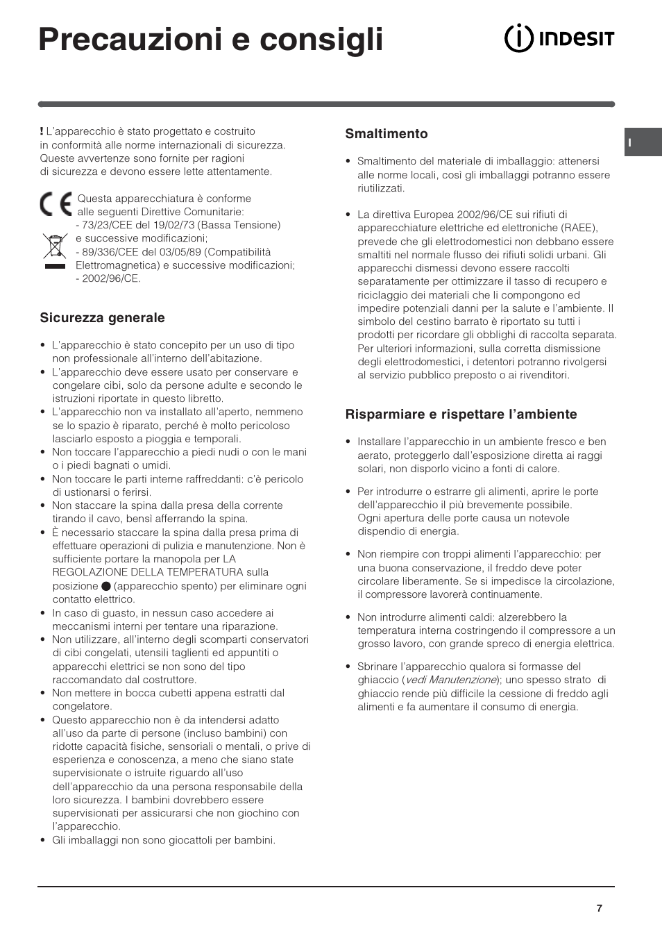 Precauzioni e consigli, Sicurezza generale, Smaltimento | Risparmiare e rispettare lambiente | Indesit BAAAN 10 User Manual | Page 7 / 64