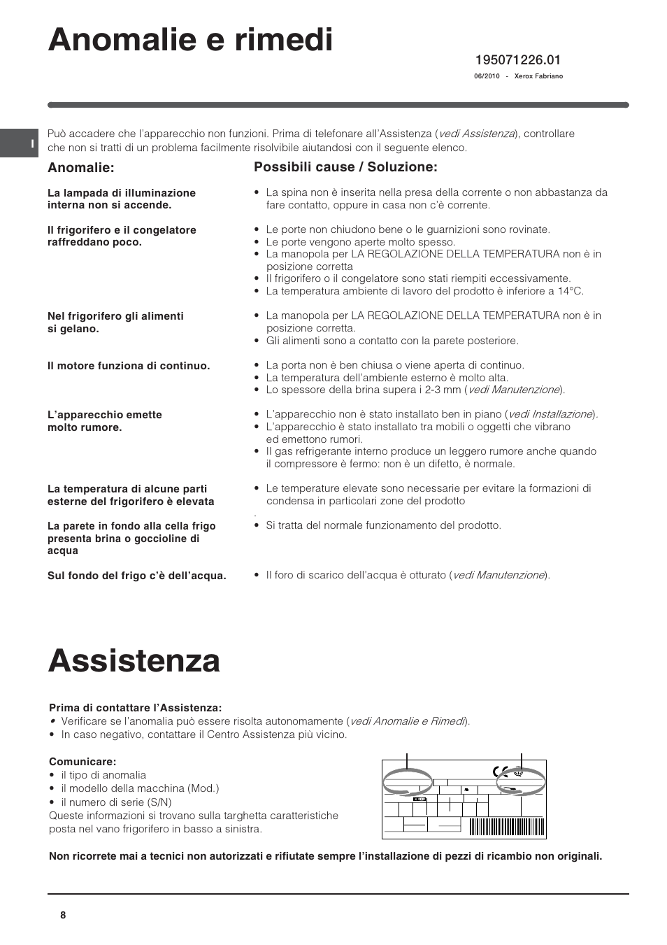 Anomalie e rimedi, Assistenza, Possibili cause / soluzione | Anomalie | Indesit BAAAN 10 User Manual | Page 8 / 64