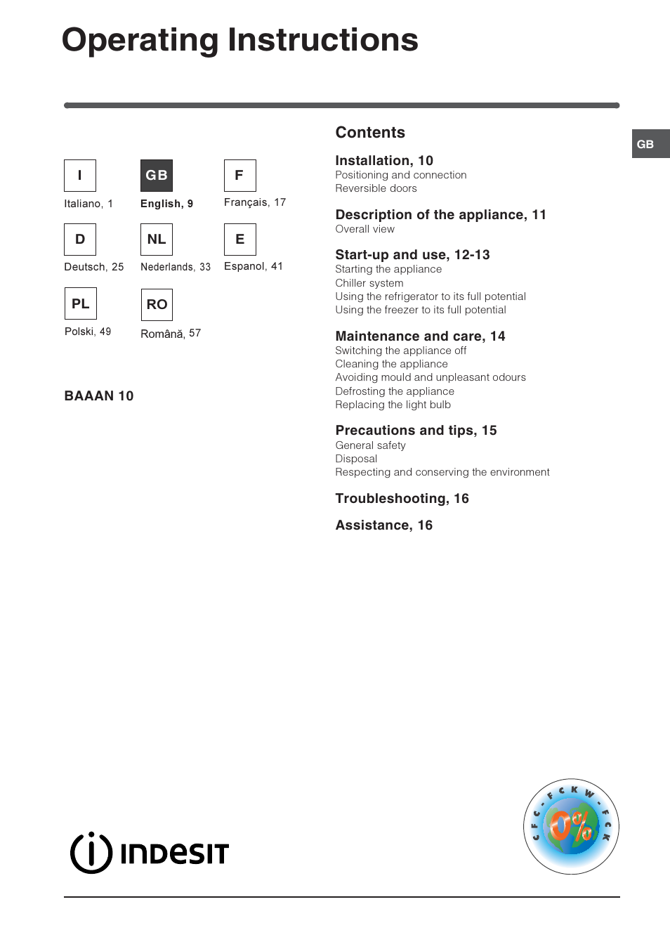 Operating instructions, Refrigerator/freezer combination contents | Indesit BAAAN 10 User Manual | Page 9 / 64