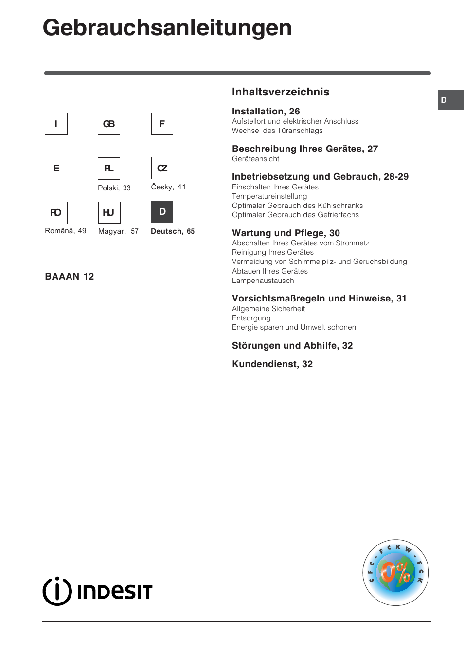 83773de, Gebrauchsanleitungen, Kühl-/gefrierkombi inhaltsverzeichnis | Indesit BAAAN 12 User Manual | Page 65 / 72