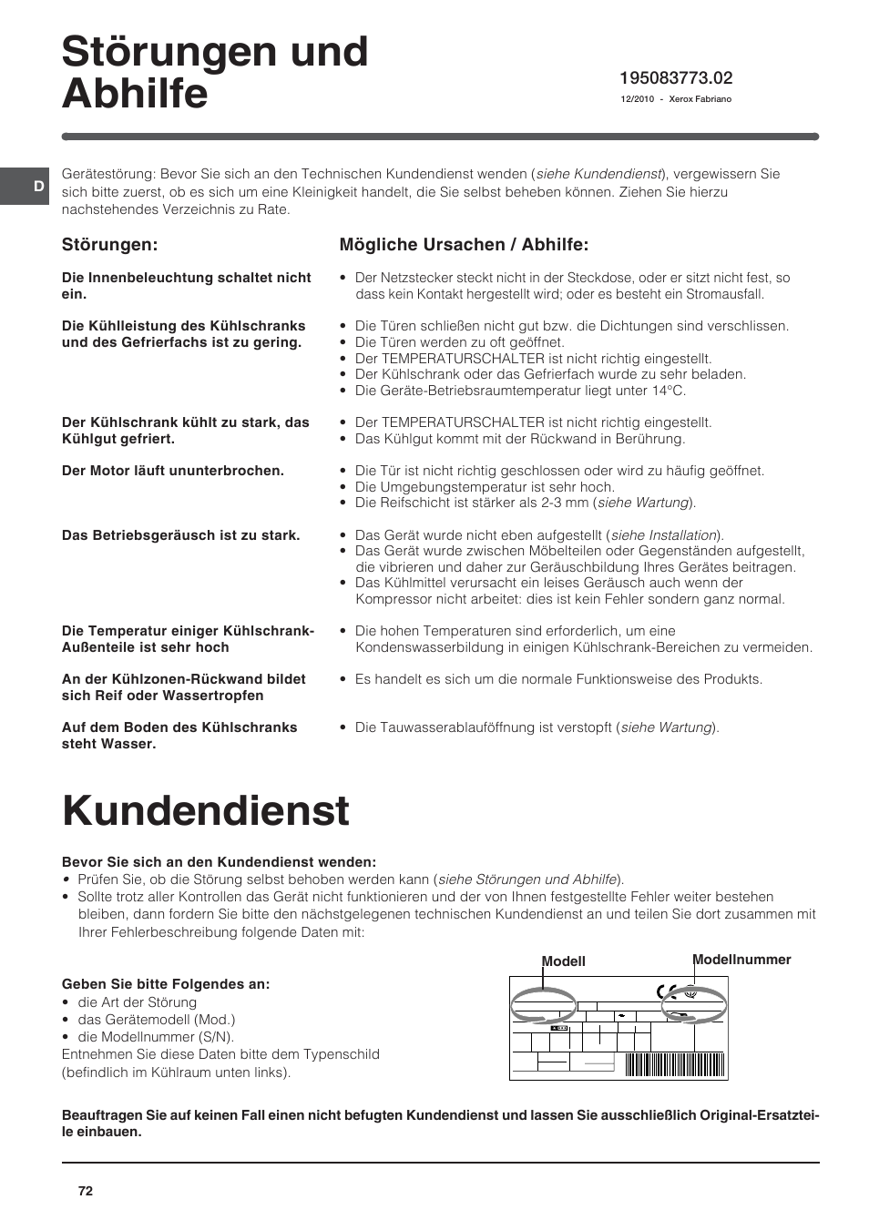 Kundendienst, Störungen und abhilfe, Störungen | Mögliche ursachen / abhilfe | Indesit BAAAN 12 User Manual | Page 72 / 72