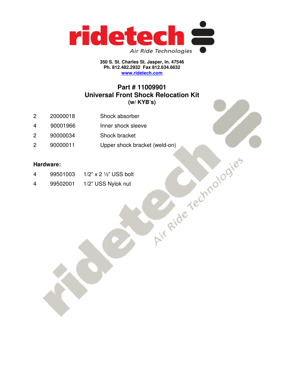 Ridetech 11009901 User Manual | 1 page