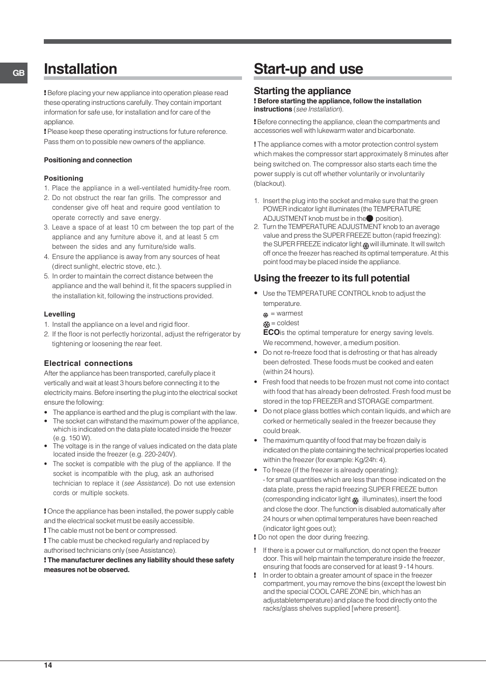 Installation, Start-up and use, Starting the appliance | Using the freezer to its full potential | Indesit UIAA 12 F User Manual | Page 14 / 48