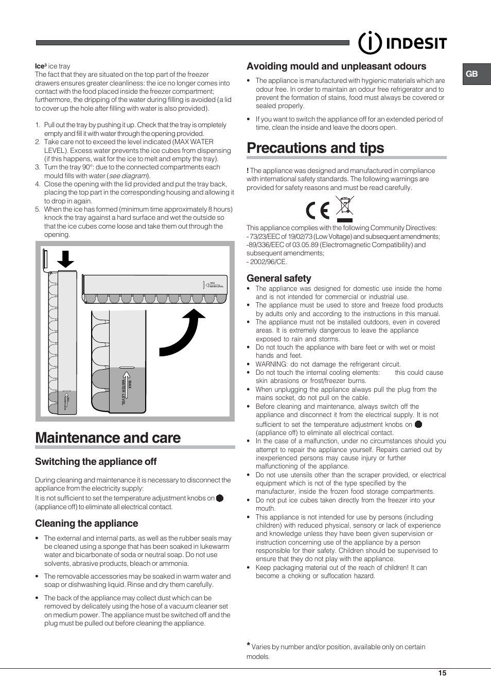 Maintenance and care, Precautions and tips, Switching the appliance off | Cleaning the appliance, Avoiding mould and unpleasant odours, General safety | Indesit UIAA 12 F User Manual | Page 15 / 48