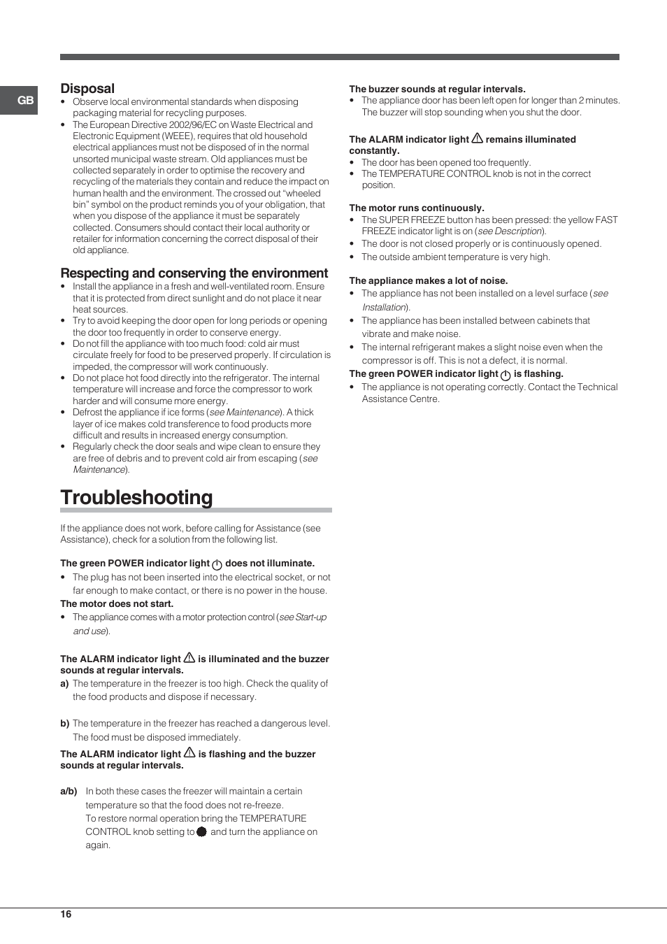 Troubleshooting, Disposal, Respecting and conserving the environment | Indesit UIAA 12 F User Manual | Page 16 / 48