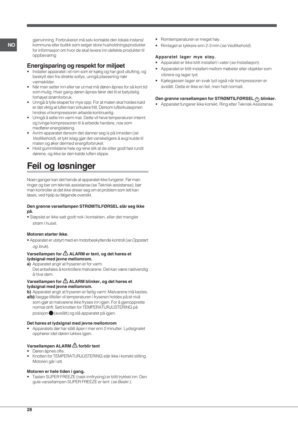 Feil og løsninger, Energisparing og respekt for miljøet | Indesit UIAA 12 F User Manual | Page 28 / 48