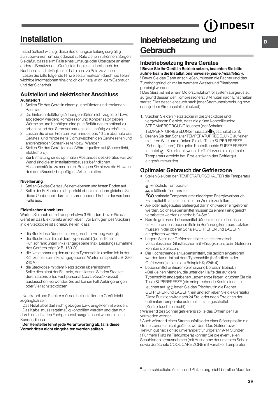 Installation, Inbetriebsetzung und gebrauch, Aufstellort und elektrischer anschluss | Inbetriebsetzung ihres gerätes, Optimaler gebrauch der gefrierzone | Indesit UIAA 12 F User Manual | Page 29 / 48