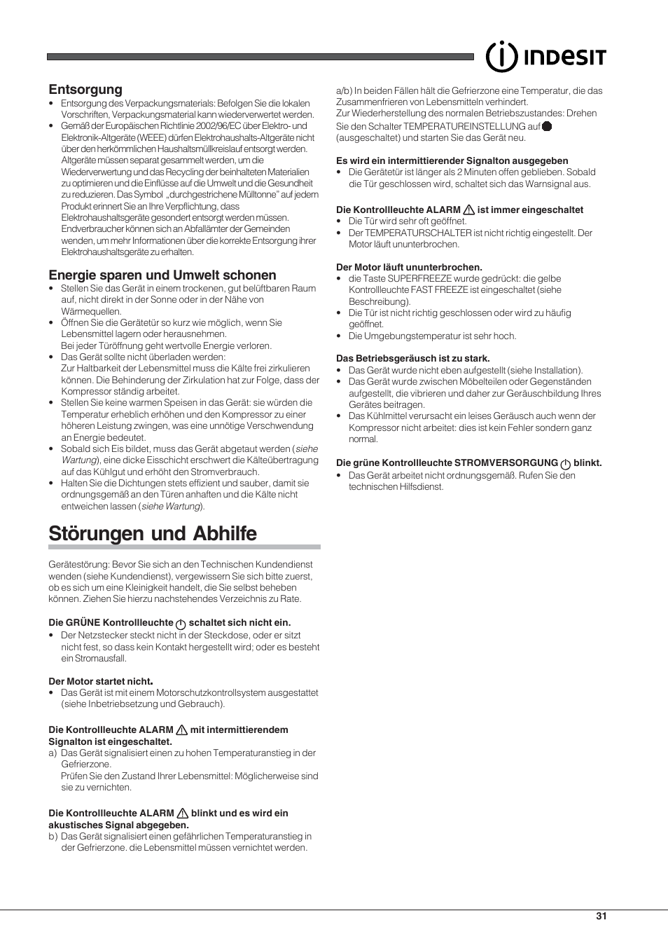 Störungen und abhilfe, Entsorgung, Energie sparen und umwelt schonen | Indesit UIAA 12 F User Manual | Page 31 / 48