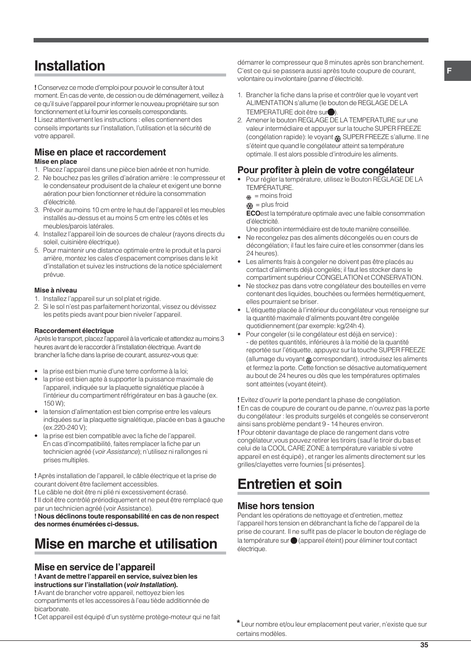 Installation, Mise en marche et utilisation, Entretien et soin | Mise en place et raccordement, Mise en service de l’appareil, Pour profiter à plein de votre congélateur, Mise hors tension | Indesit UIAA 12 F User Manual | Page 35 / 48