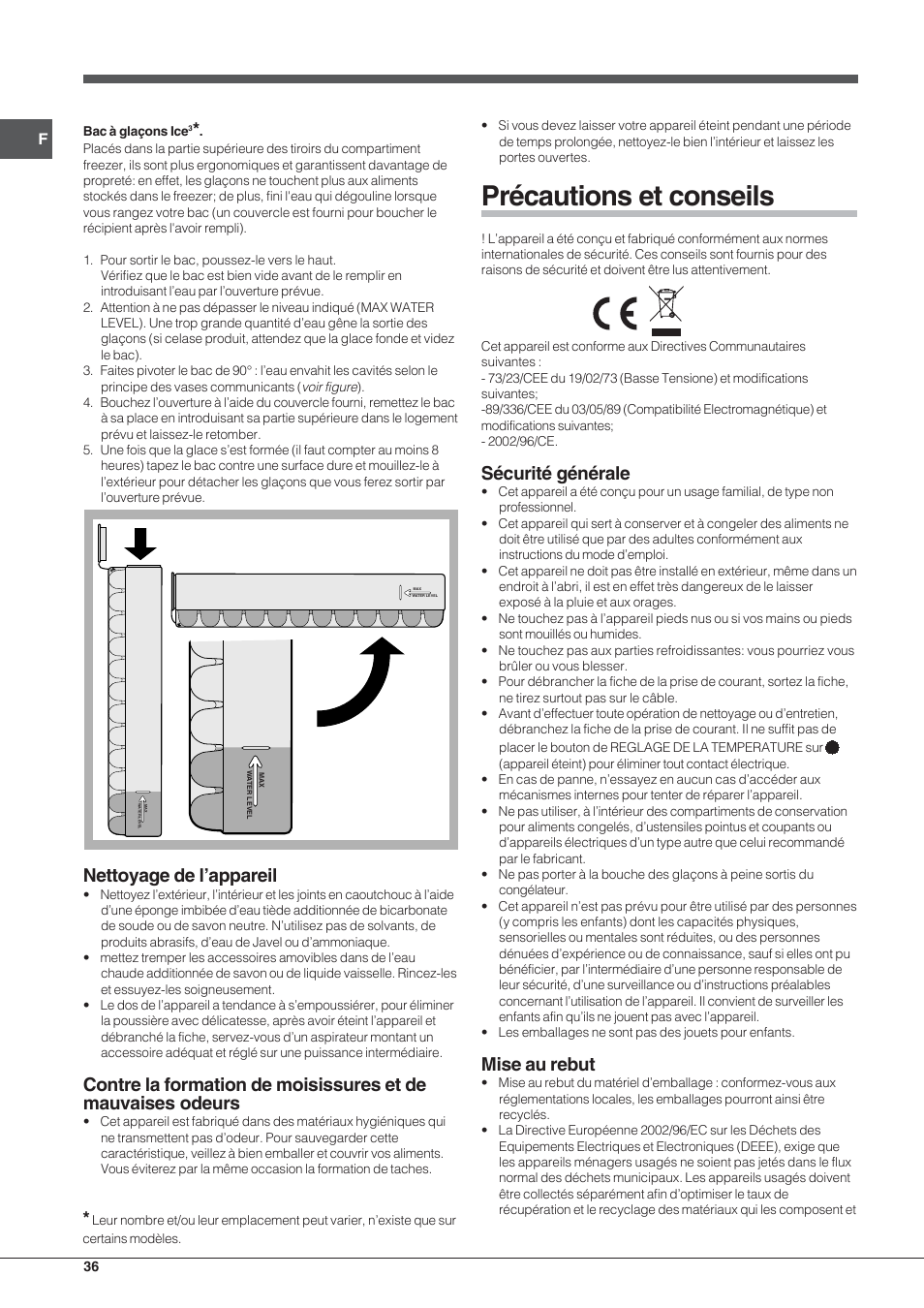 Précautions et conseils, Nettoyage de l’appareil, Sécurité générale | Mise au rebut | Indesit UIAA 12 F User Manual | Page 36 / 48