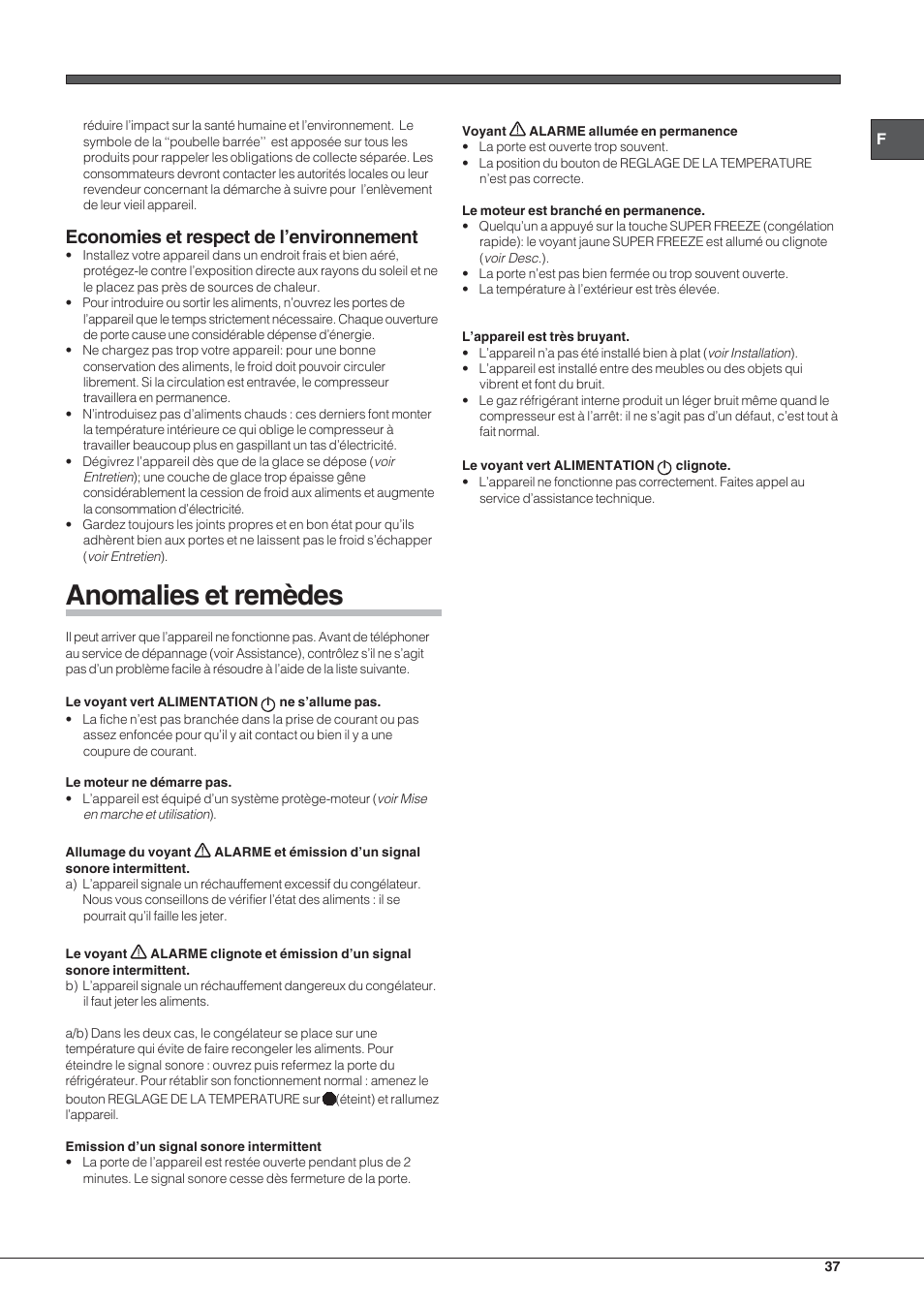 Anomalies et remèdes, Economies et respect de l’environnement | Indesit UIAA 12 F User Manual | Page 37 / 48