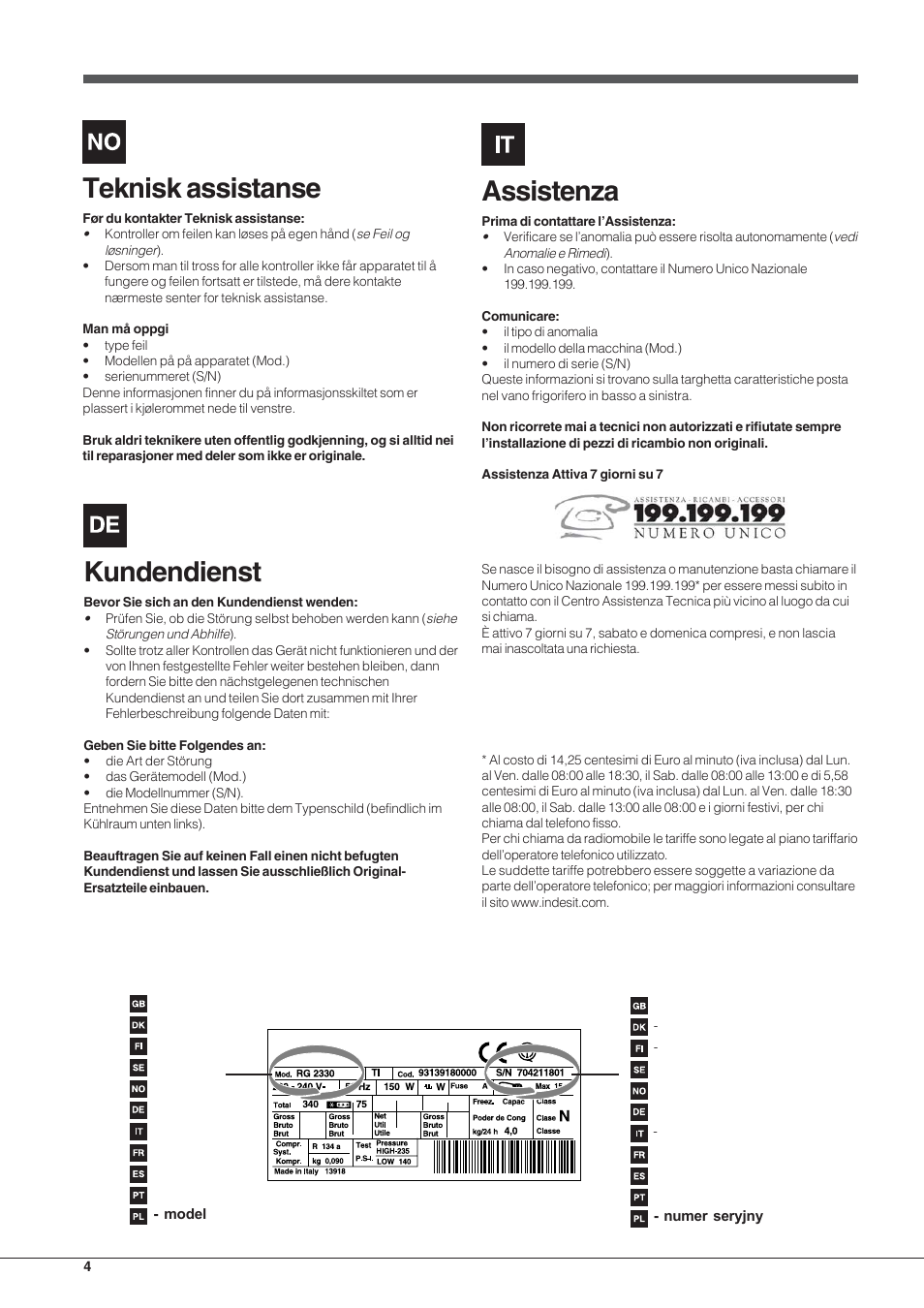 Teknisk assistanse, Kundendienst, Assistenza | Indesit UIAA 12 F User Manual | Page 4 / 48