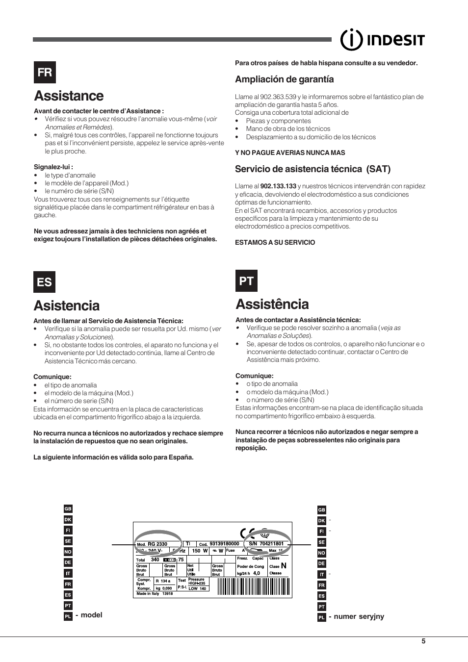 Assistance, Asistencia, Assistência | Ampliación de garantía, Servicio de asistencia técnica (sat) | Indesit UIAA 12 F User Manual | Page 5 / 48