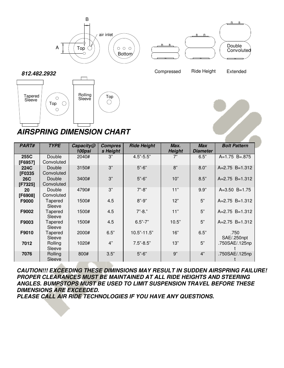 Airspring dimension chart | Ridetech 11009501 User Manual | Page 4 / 6