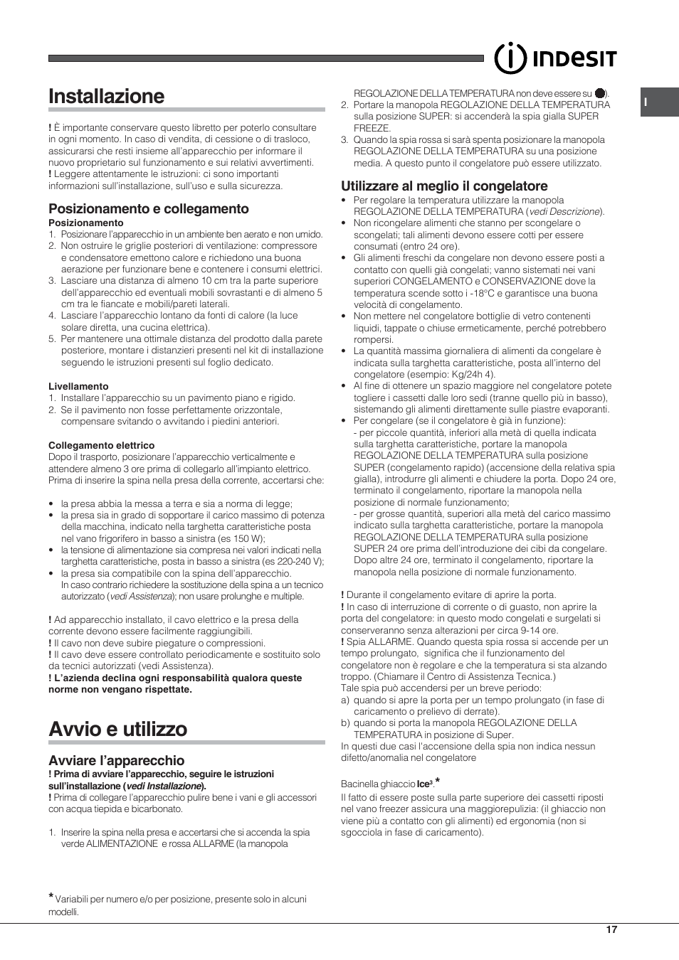 Installazione, Avvio e utilizzo, Posizionamento e collegamento | Avviare l’apparecchio, Utilizzare al meglio il congelatore | Indesit UIAA 10 User Manual | Page 17 / 60