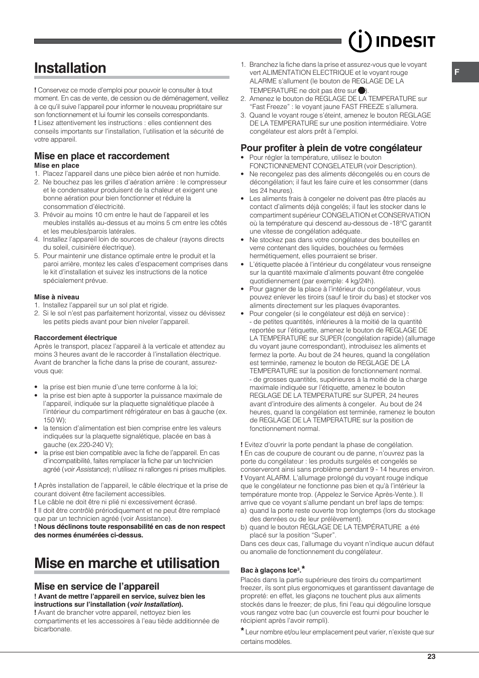 Installation, Mise en marche et utilisation, Mise en place et raccordement | Mise en service de l’appareil, Pour profiter à plein de votre congélateur | Indesit UIAA 10 User Manual | Page 23 / 60