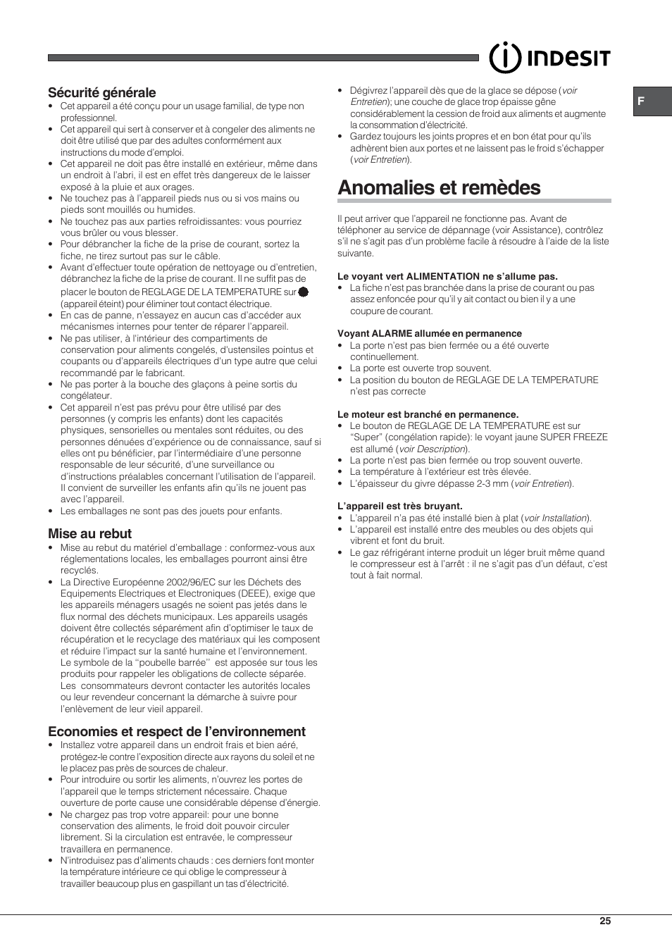 Anomalies et remèdes, Sécurité générale, Mise au rebut | Economies et respect de l’environnement | Indesit UIAA 10 User Manual | Page 25 / 60