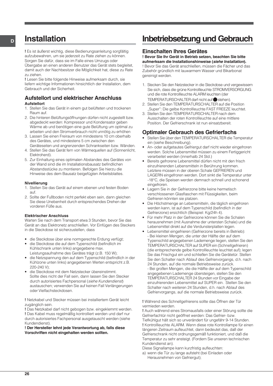 Installation, Inbetriebsetzung und gebrauch, Aufstellort und elektrischer anschluss | Einschalten ihres gerätes, Optimaler gebrauch des gefrierfachs | Indesit UIAA 10 User Manual | Page 26 / 60