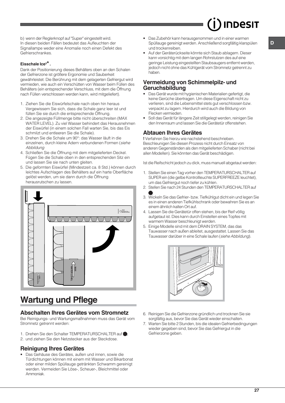 Wartung und pflege, Abschalten ihres gerätes vom stromnetz, Reinigung ihres gerätes | Vermeidung von schimmelpilz- und geruchsbildung, Abtauen ihres gerätes | Indesit UIAA 10 User Manual | Page 27 / 60