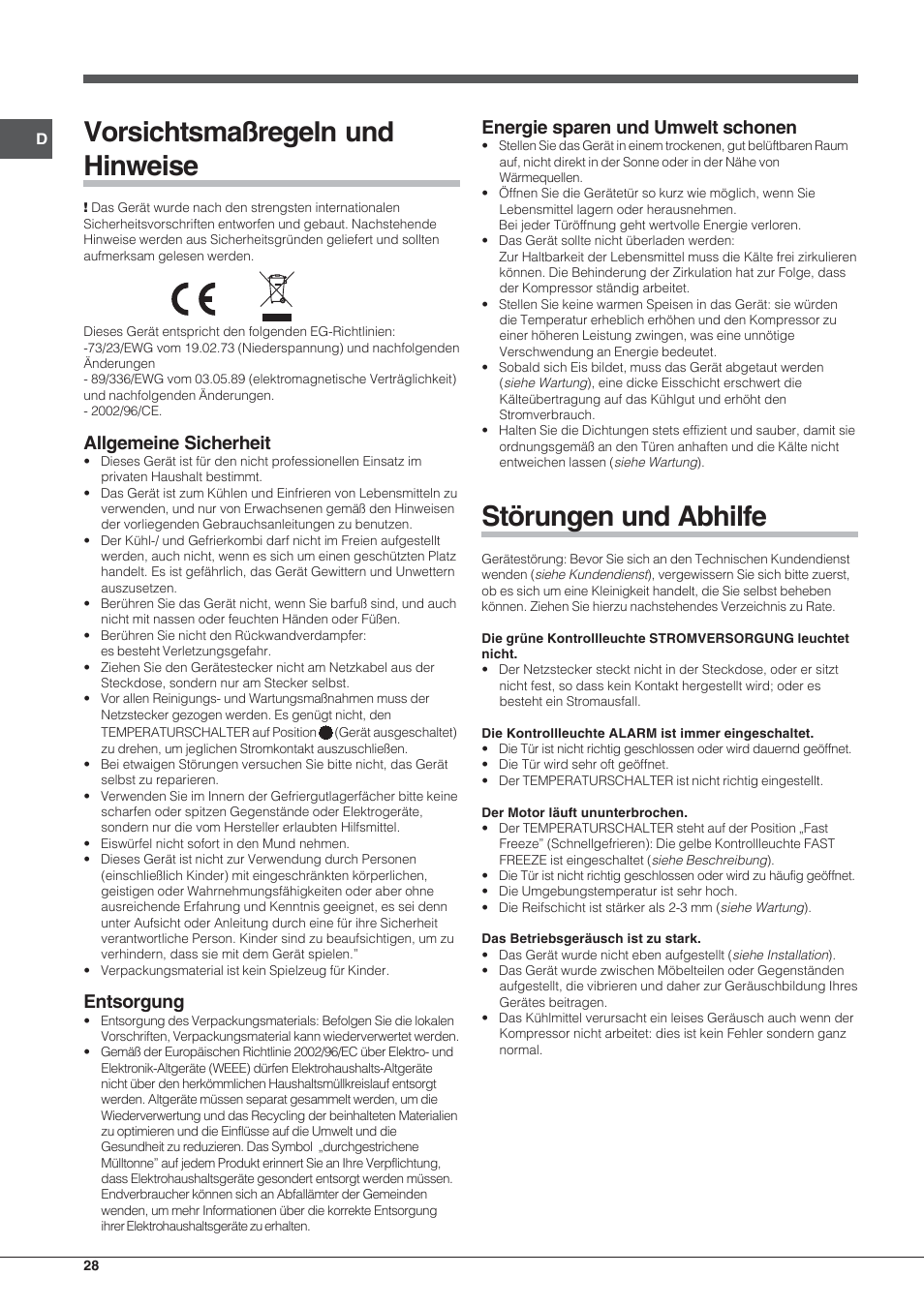 Vorsichtsmaßregeln und hinweise, Störungen und abhilfe, Allgemeine sicherheit | Entsorgung, Energie sparen und umwelt schonen | Indesit UIAA 10 User Manual | Page 28 / 60