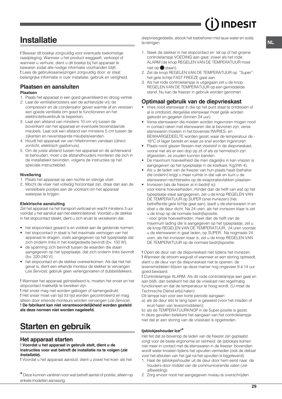 Installatie, Starten en gebruik, Plaatsen en aansluiten | Het apparaat starten, Optimaal gebruik van de diepvrieskast | Indesit UIAA 10 User Manual | Page 29 / 60