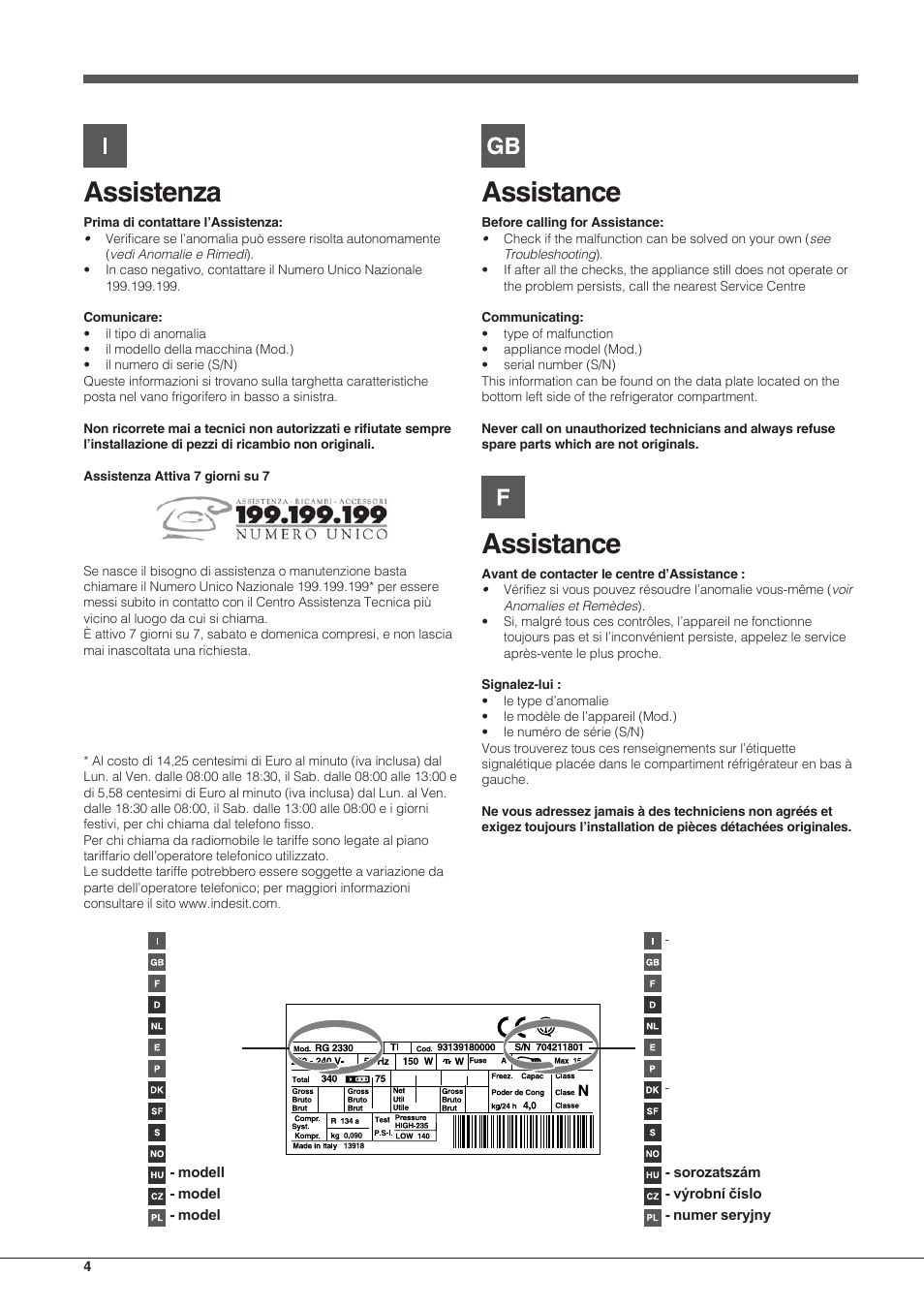 Assistenza, Assistance | Indesit UIAA 10 User Manual | Page 4 / 60