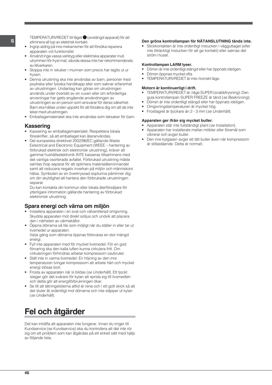 Fel och åtgärder, Kassering, Spara energi och värna om miljön | Indesit UIAA 10 User Manual | Page 46 / 60