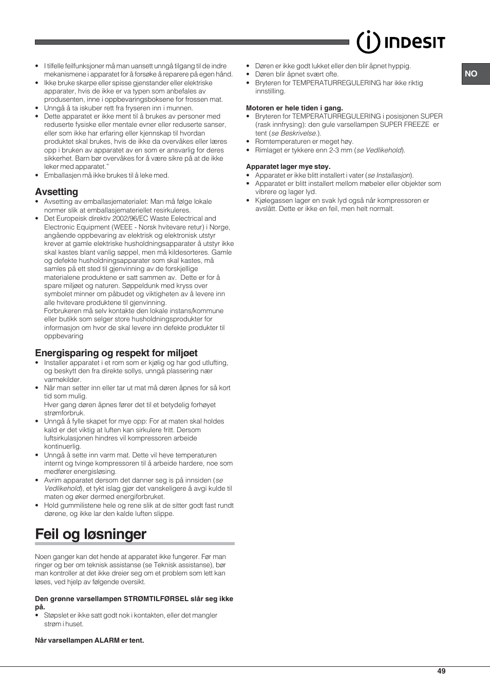 Feil og løsninger, Avsetting, Energisparing og respekt for miljøet | Indesit UIAA 10 User Manual | Page 49 / 60