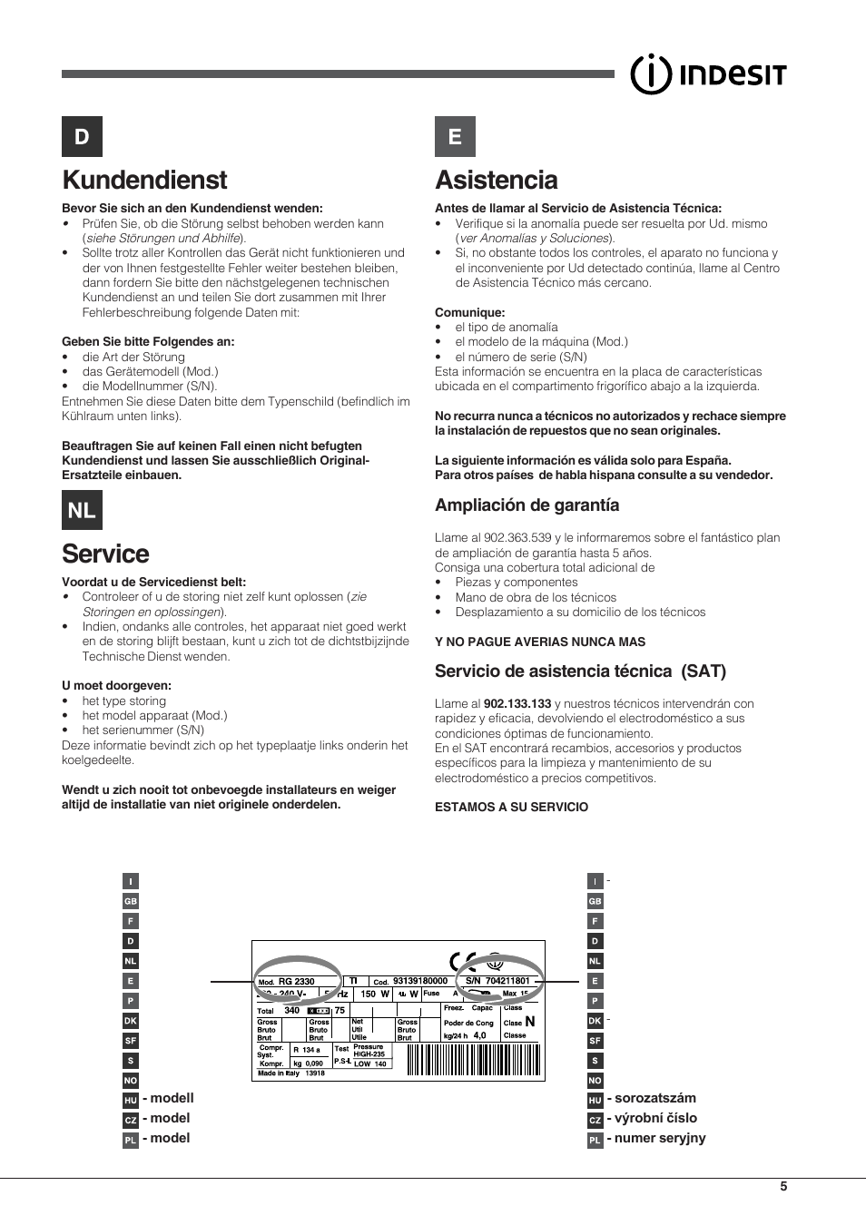 Kundendienst, Service, Asistencia | Ampliación de garantía, Servicio de asistencia técnica (sat) | Indesit UIAA 10 User Manual | Page 5 / 60