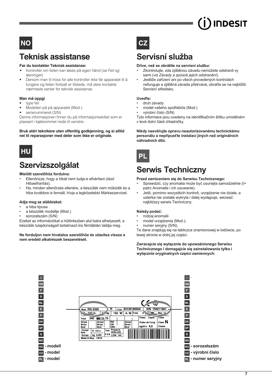 Teknisk assistanse | Indesit UIAA 10 User Manual | Page 7 / 60