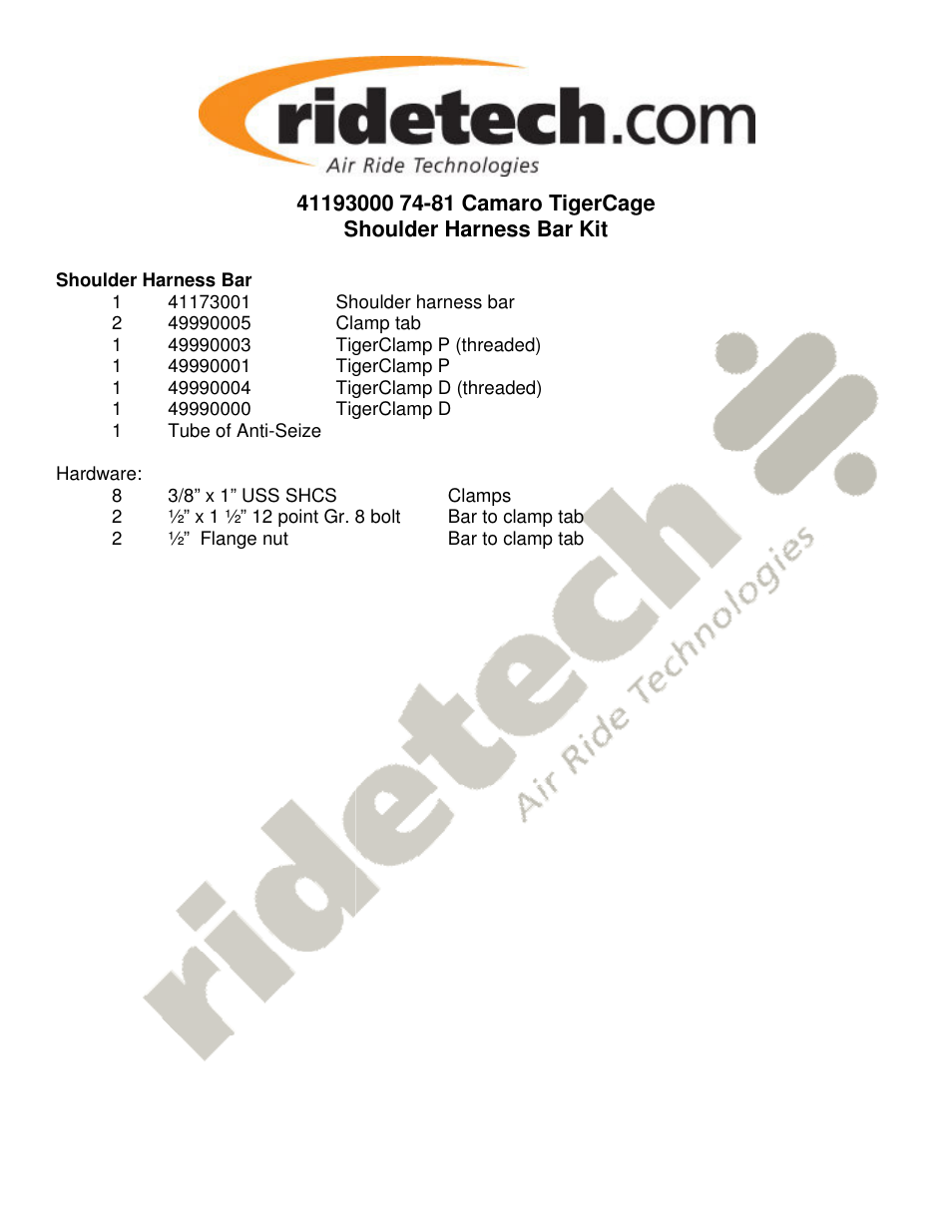 Ridetech 41193000 User Manual | 2 pages