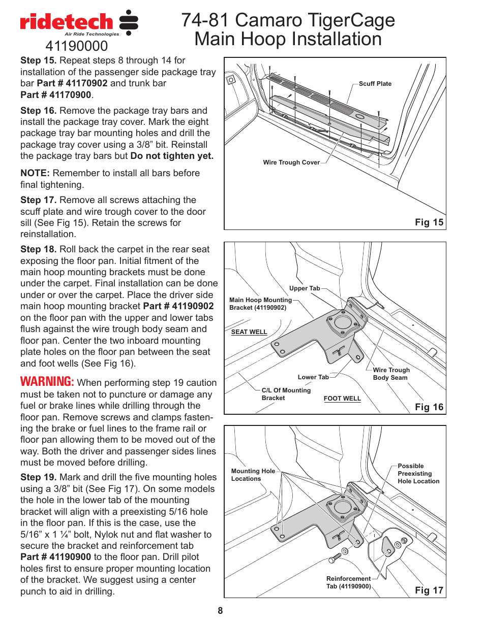 81 camaro tigercage main hoop installation, Warning | Ridetech 41190000 User Manual | Page 10 / 15